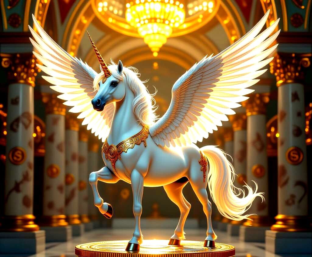 Majestic Winged Unicorn on Banknote Pedestal