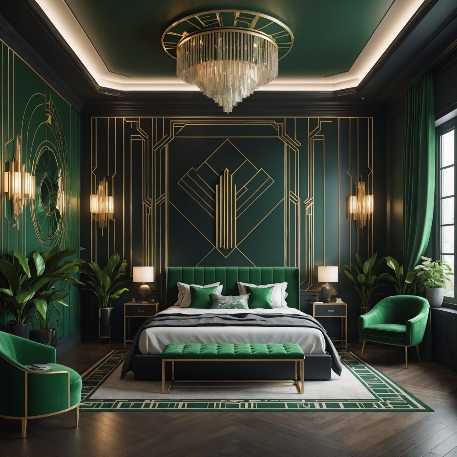 Art Deco Bedroom in Black and Green