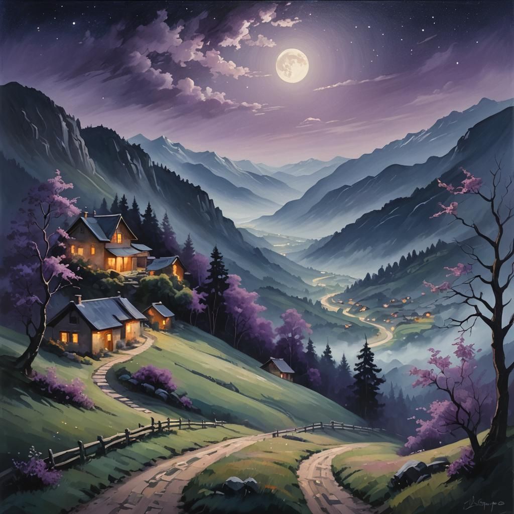 Mountain Valley Village Under Moonlight, Atmospheric Oil Pai...