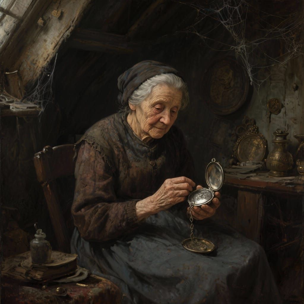 Elderly Woman in Dusty Attic Holding Locket, Oil Portrait St...