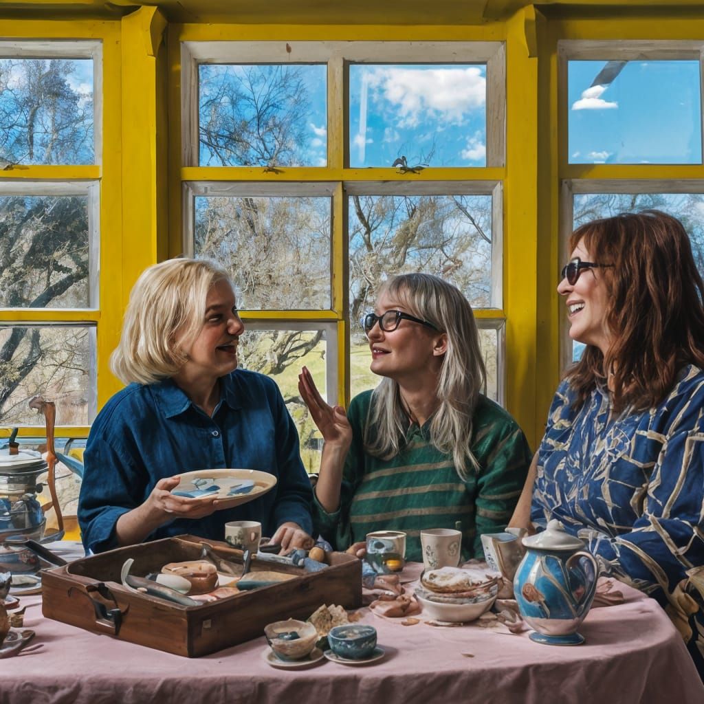 Three women are talking in the kitchen
