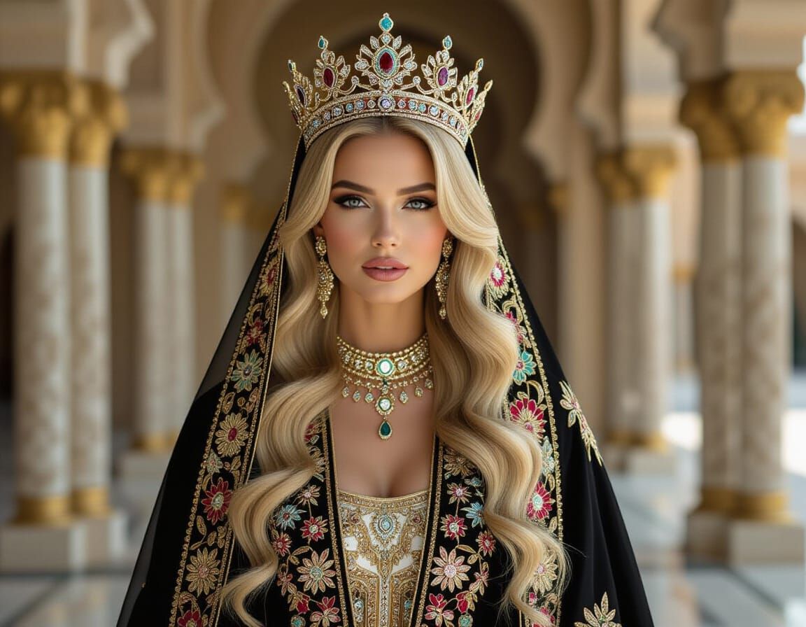 Regal Blonde Woman in Opulent Abaya with Crown