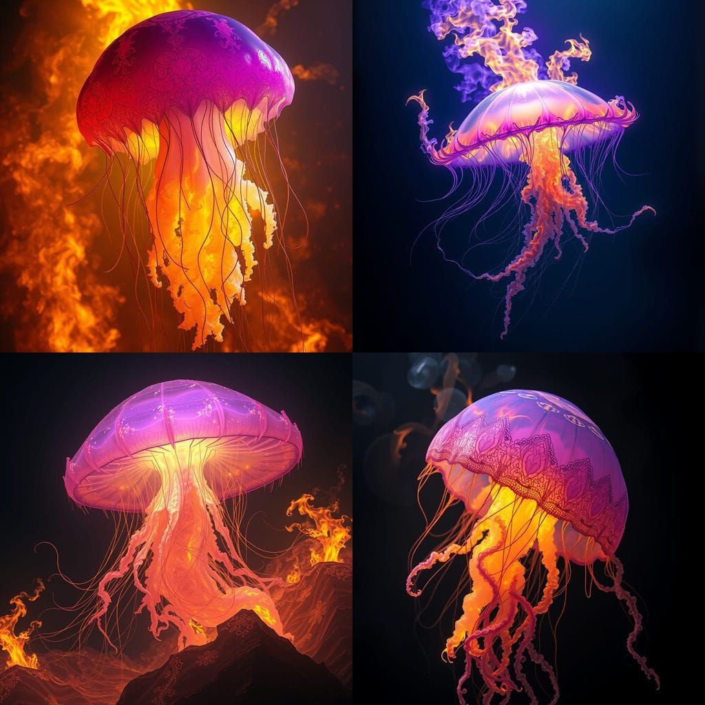 Dark Fantasy Masterpiece: Burning Jellyfish in a Splash of V...