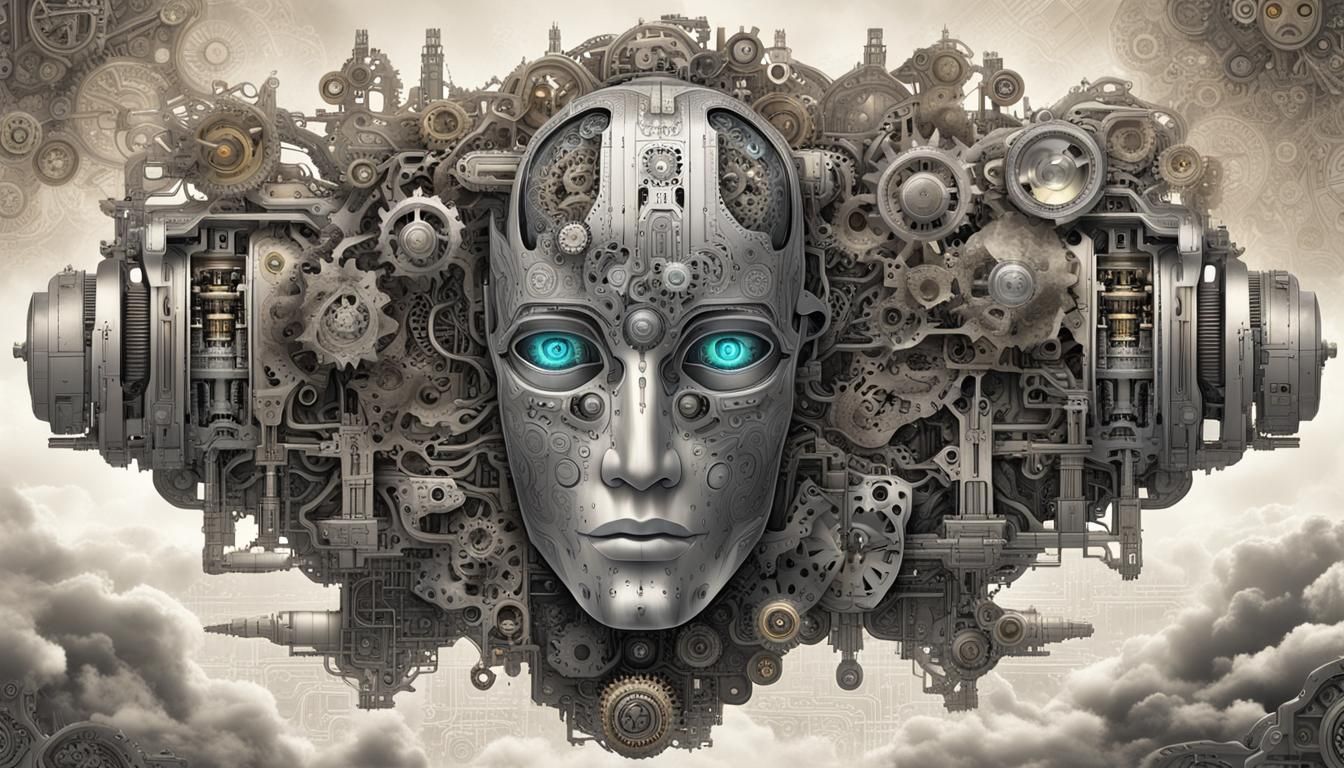 Robotic Face Emerges in Surreal Cubist Digital Art