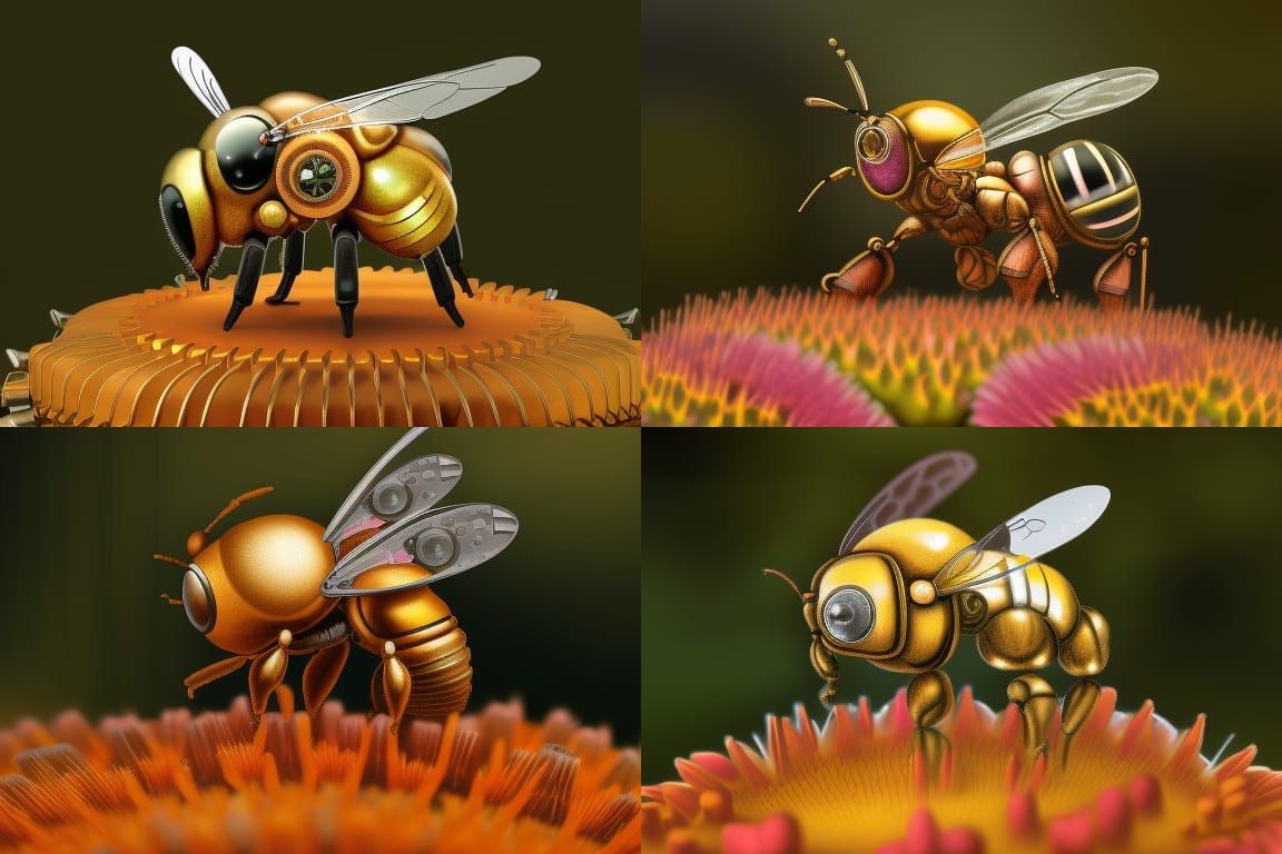 Steampunk Mechanical Bee on Flower, Detailed Digital Art