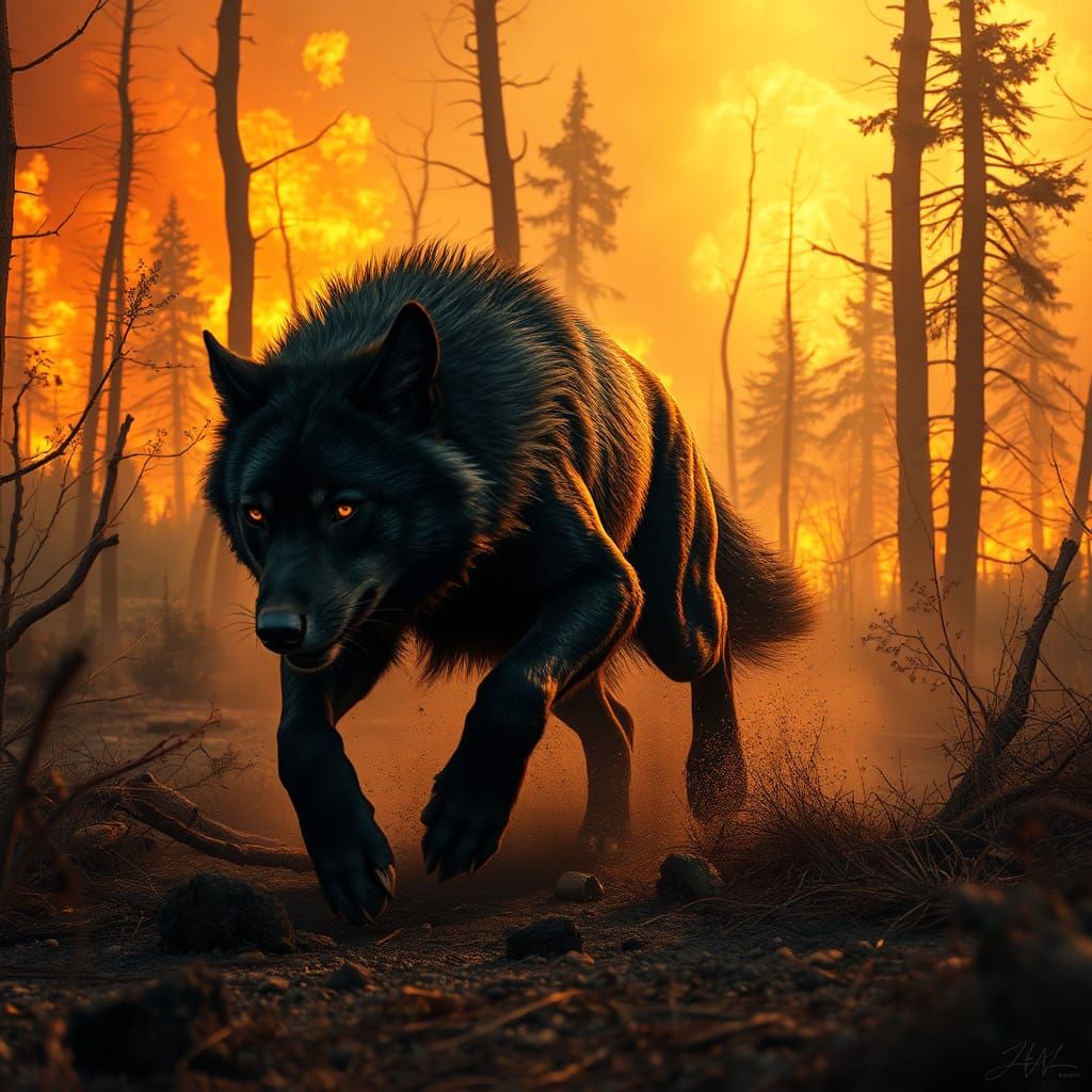 Majestic Black Wolf Sprints Through Burning Apocalyptic Land...