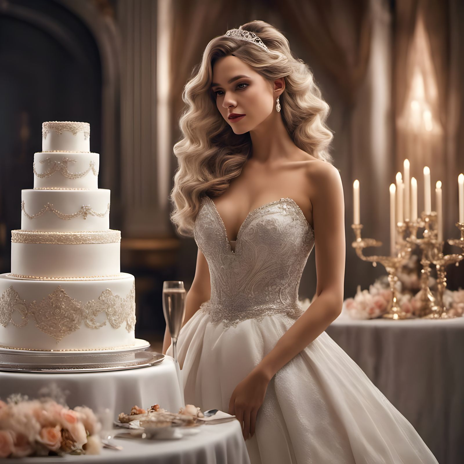 Woman in Wedding Gown with Cake