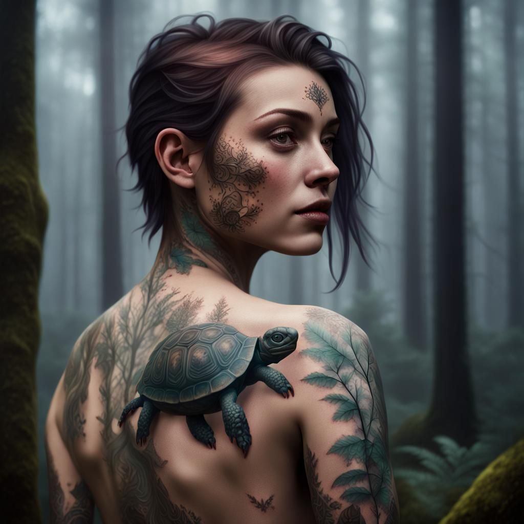 Tortoise Shell Tattoo Woman in Misty Forest