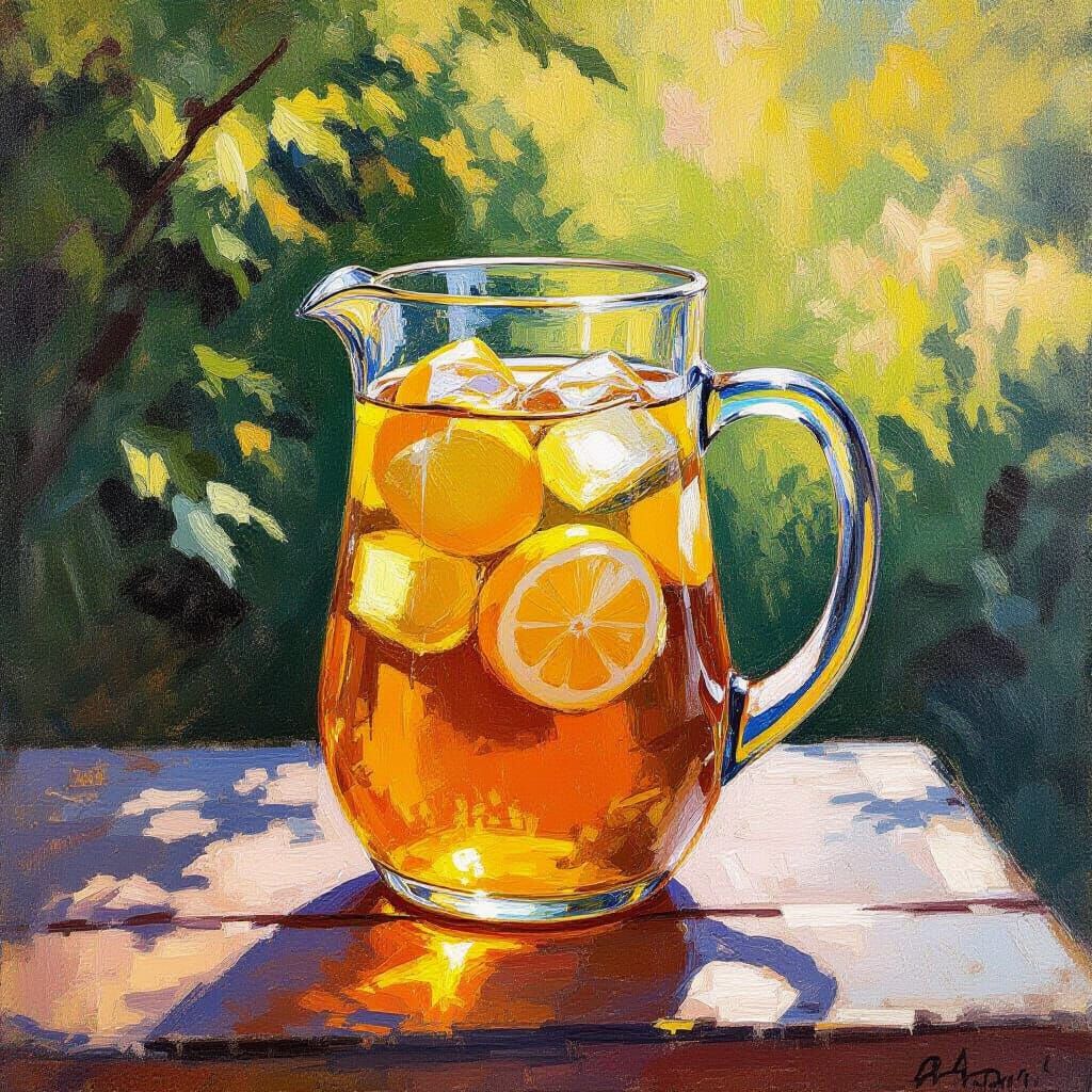Refreshing Lemon Tea on Rustic Table in Impressionist Style