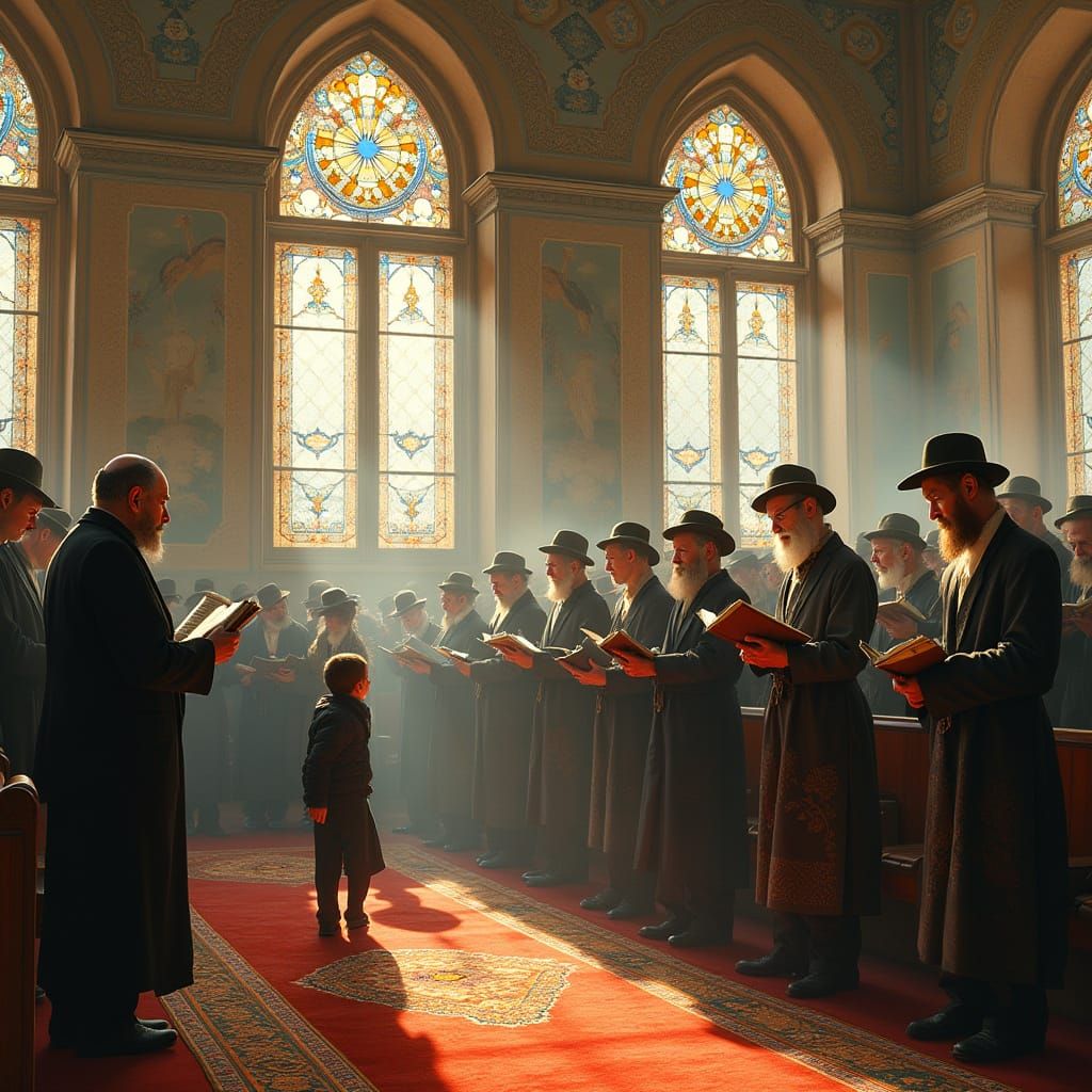 Worshippers in Sunlit Synagogue, Art Nouveau Style