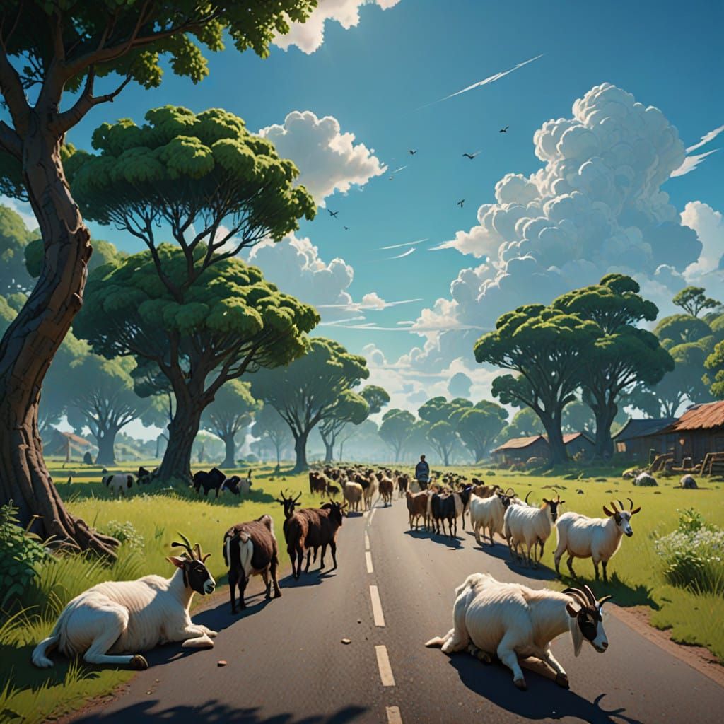 Vibrant Rural Landscape with Goats and African Men