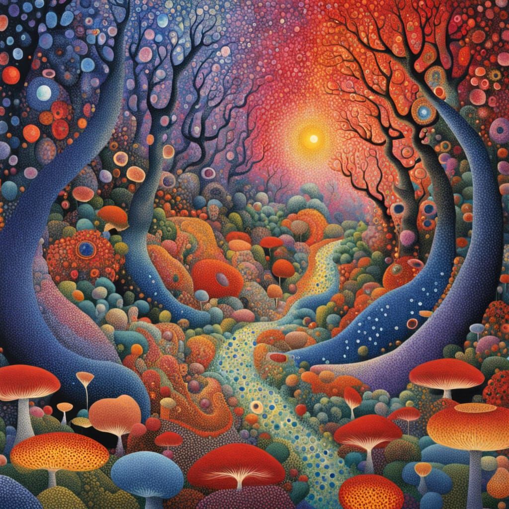 Vibrant Pointillist Forest in Whirling Vortex, Inspired by K...