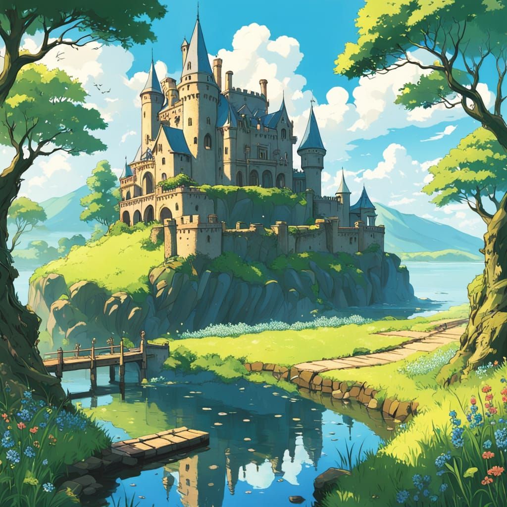 Majestic Castle Amidst a Whimsical Emerald Meadow