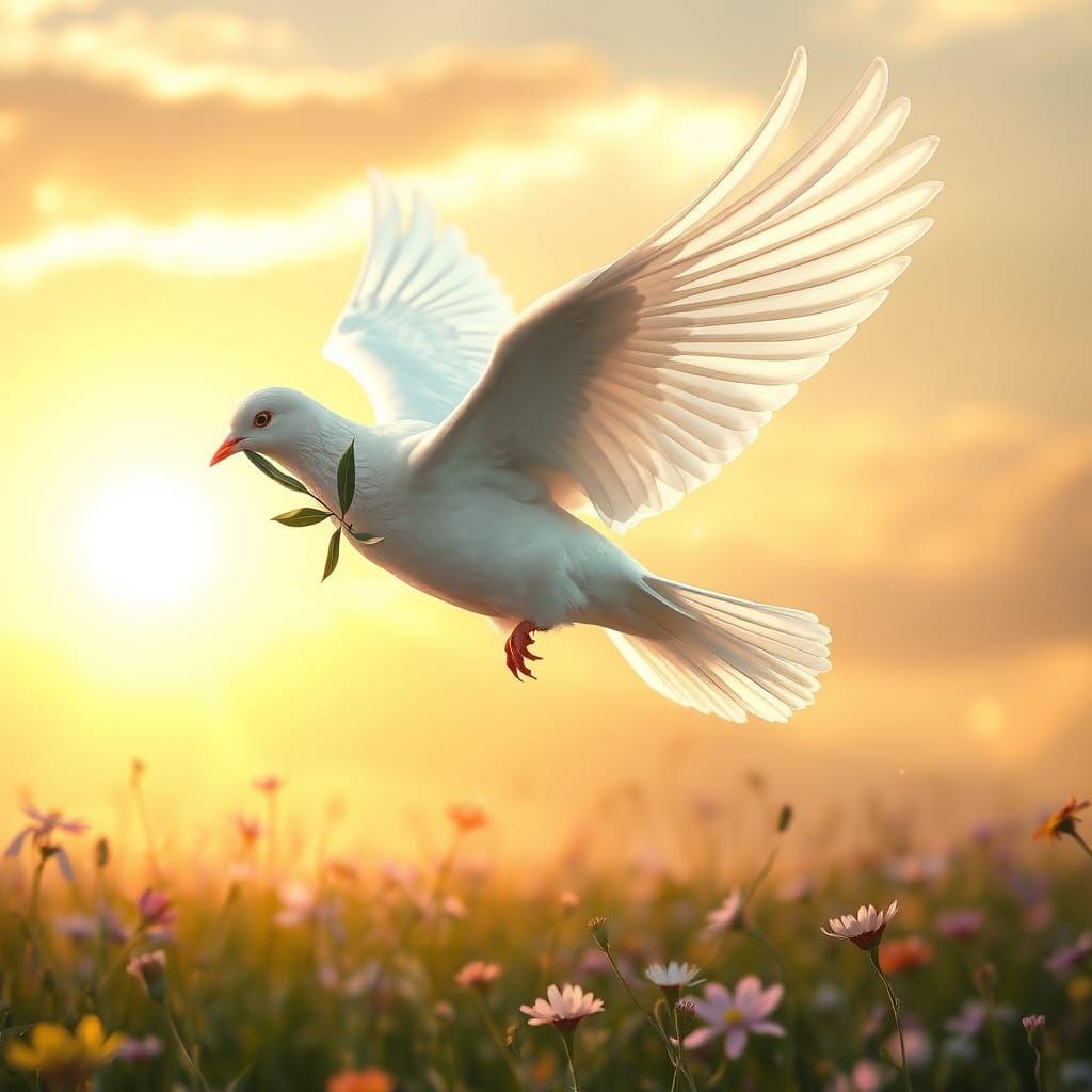Ethereal Dove in Golden Sunset Soars Through Peaceful Skies