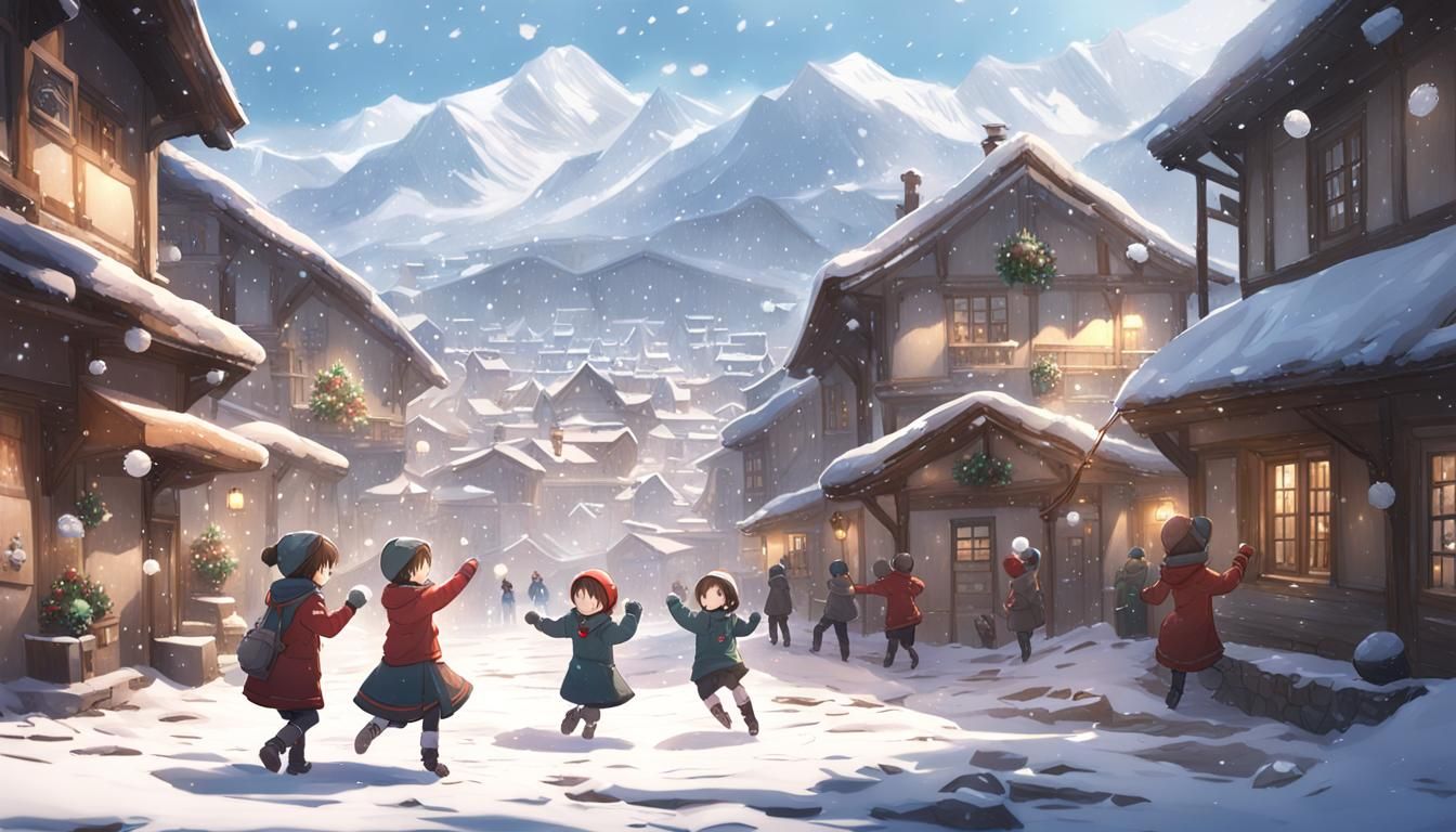 Children's Snowball Fight in Anime Style