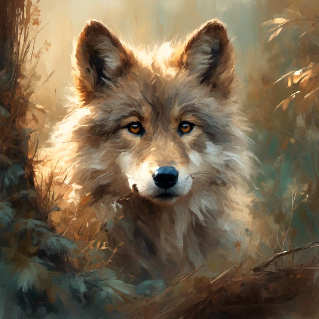 Adorable Wolf Cub Portrait in Digital Watercolor