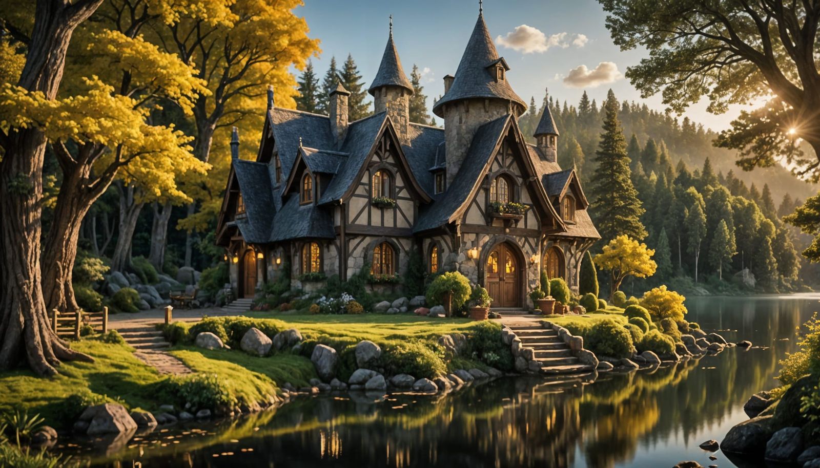 Whimsical Elvish Cottage on a Serene Lake Shore