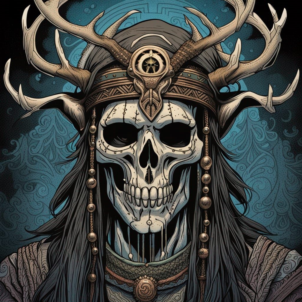 Necromancer with Skull Face in Comic Book Style