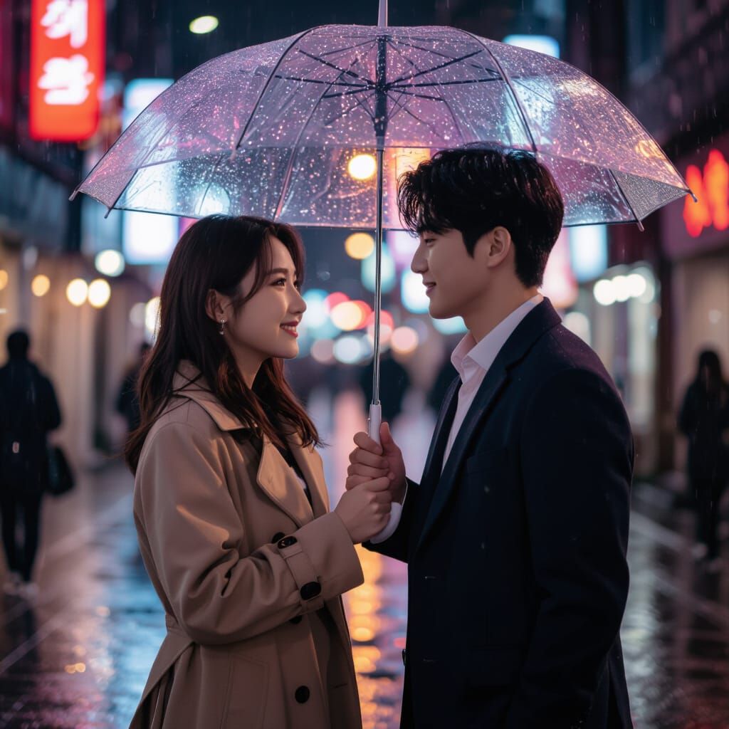 Korean Couple Under Neon Lights in Dreamy Cinematic Style