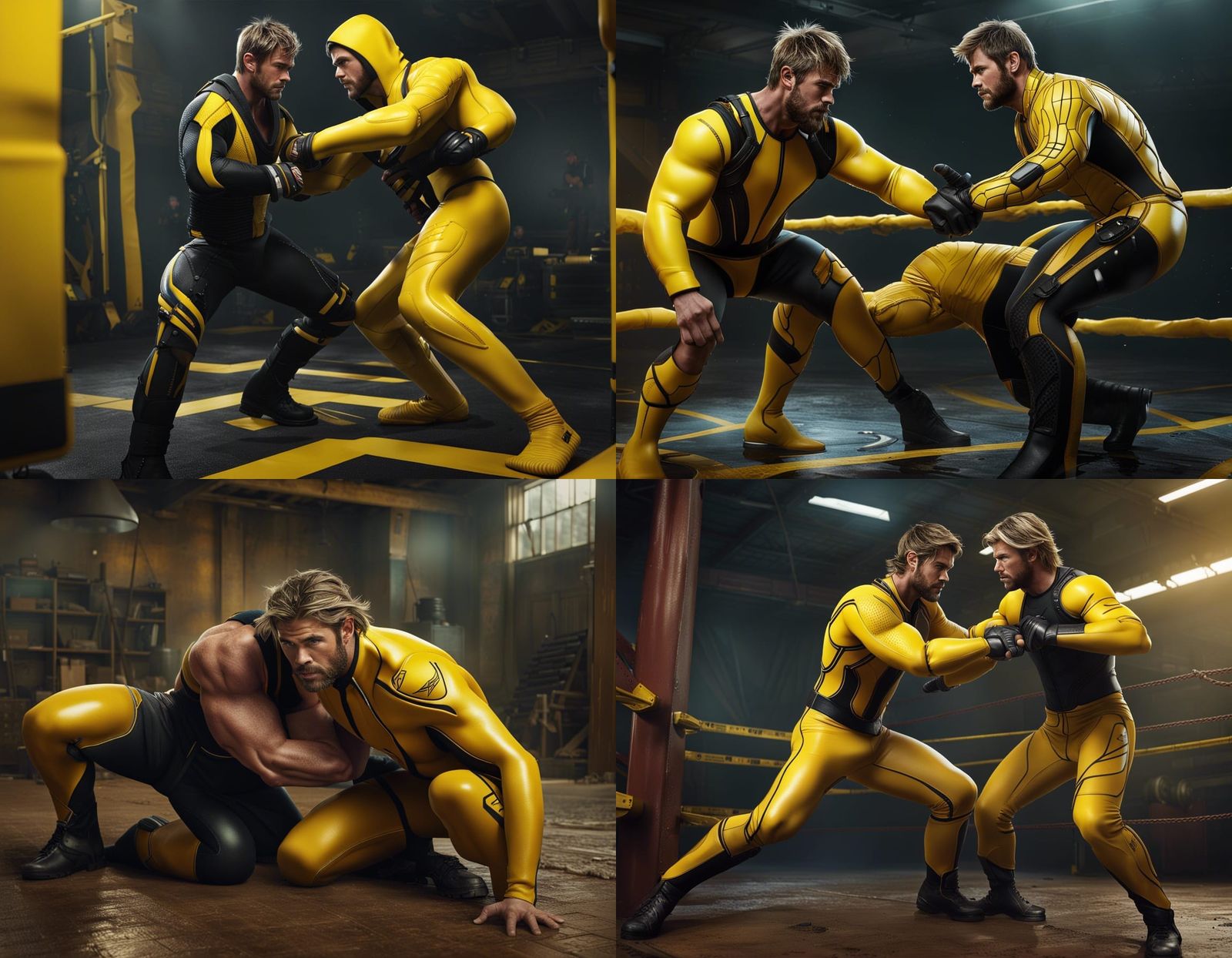 Wrestlers in Yellow Wetsuits: Detailed Matte Painting