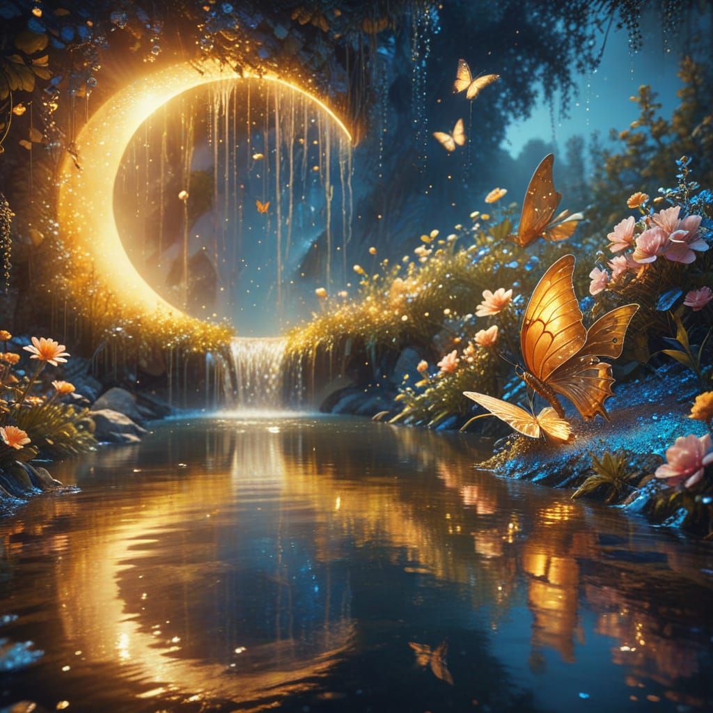 Mystical Waterfall Flowing from Golden Moon