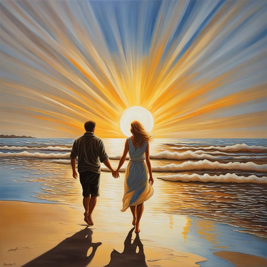 Man and Woman Walking Towards Sunrise: Acrylic Painting