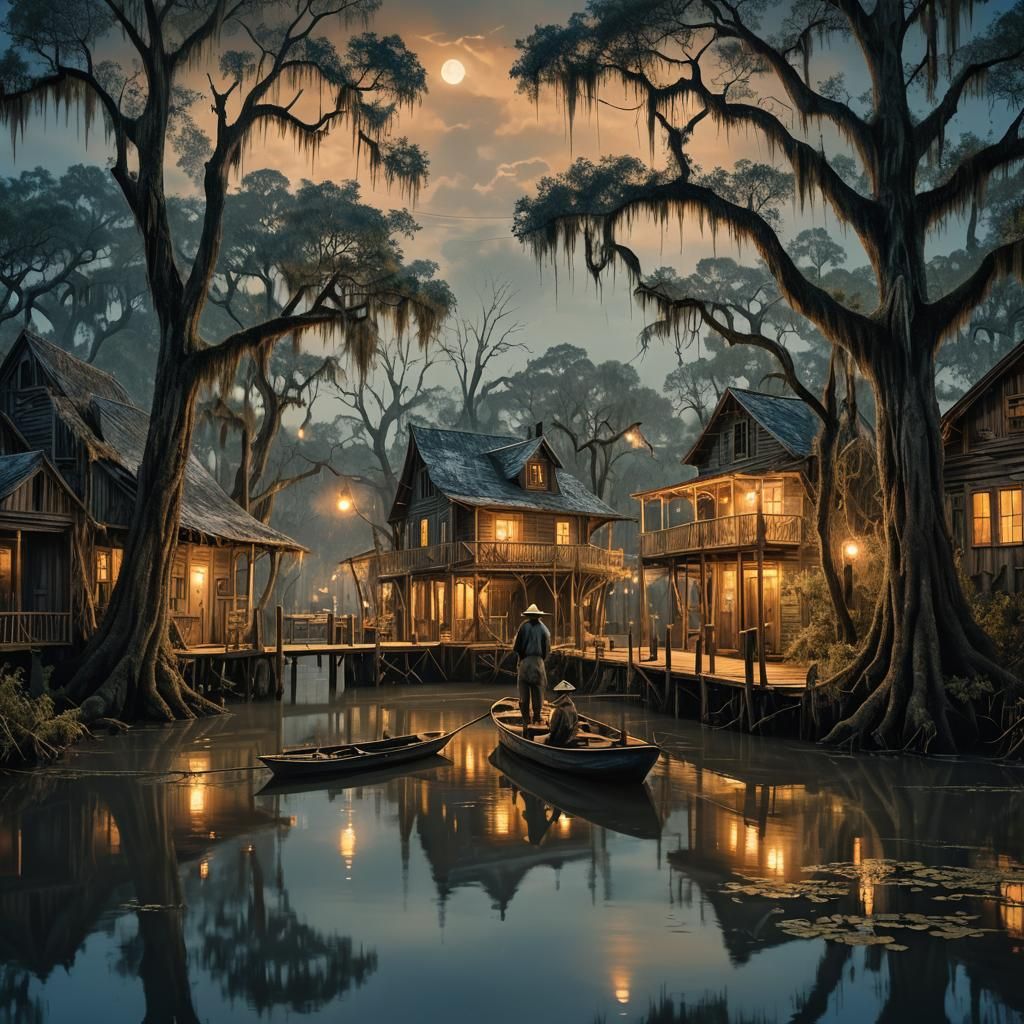 Mystical Bayou Village with Fisherman and Girl