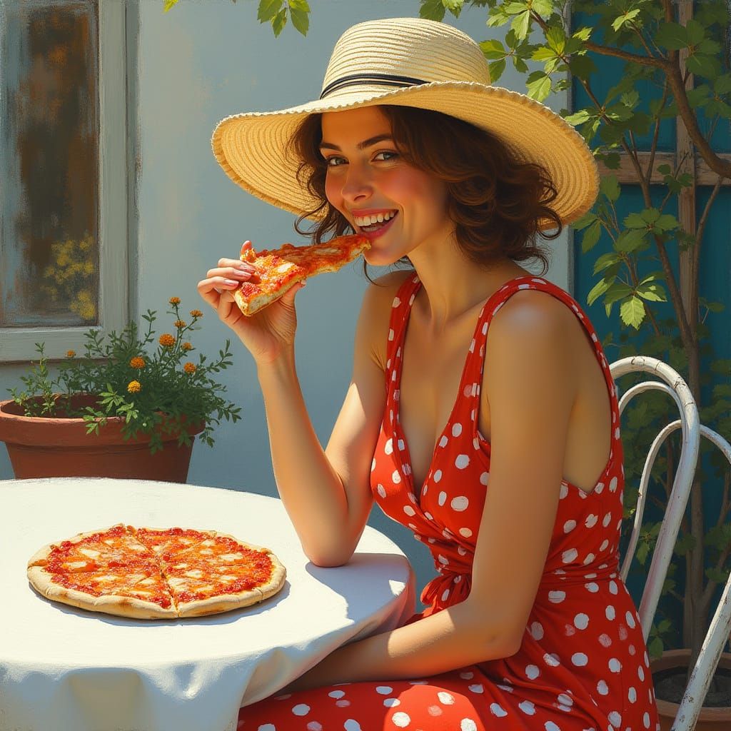 Elegant Woman Enjoying Pizza, Impressionistic Style