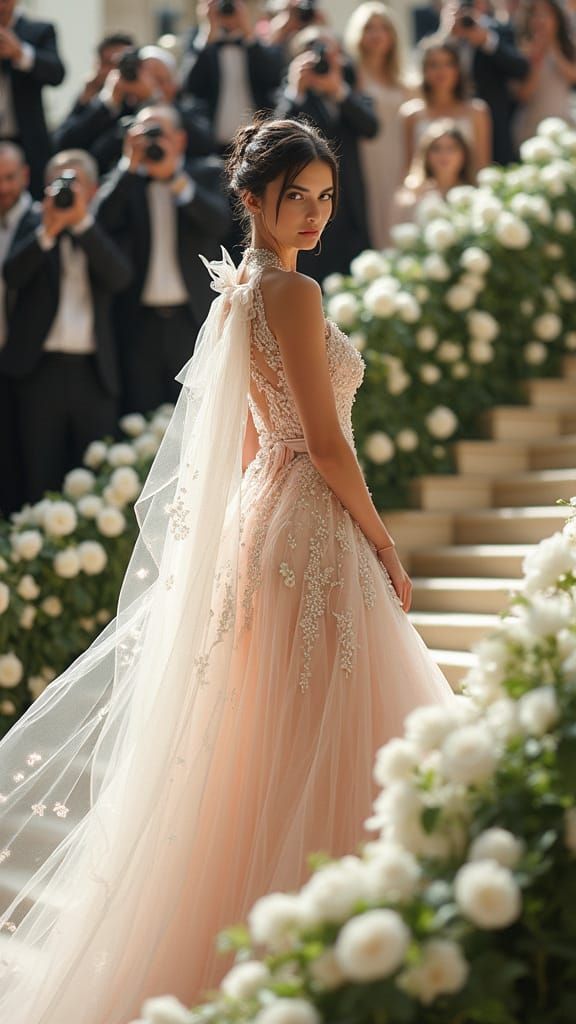 Elegant Woman Ascending Staircase in Ethereal Gown