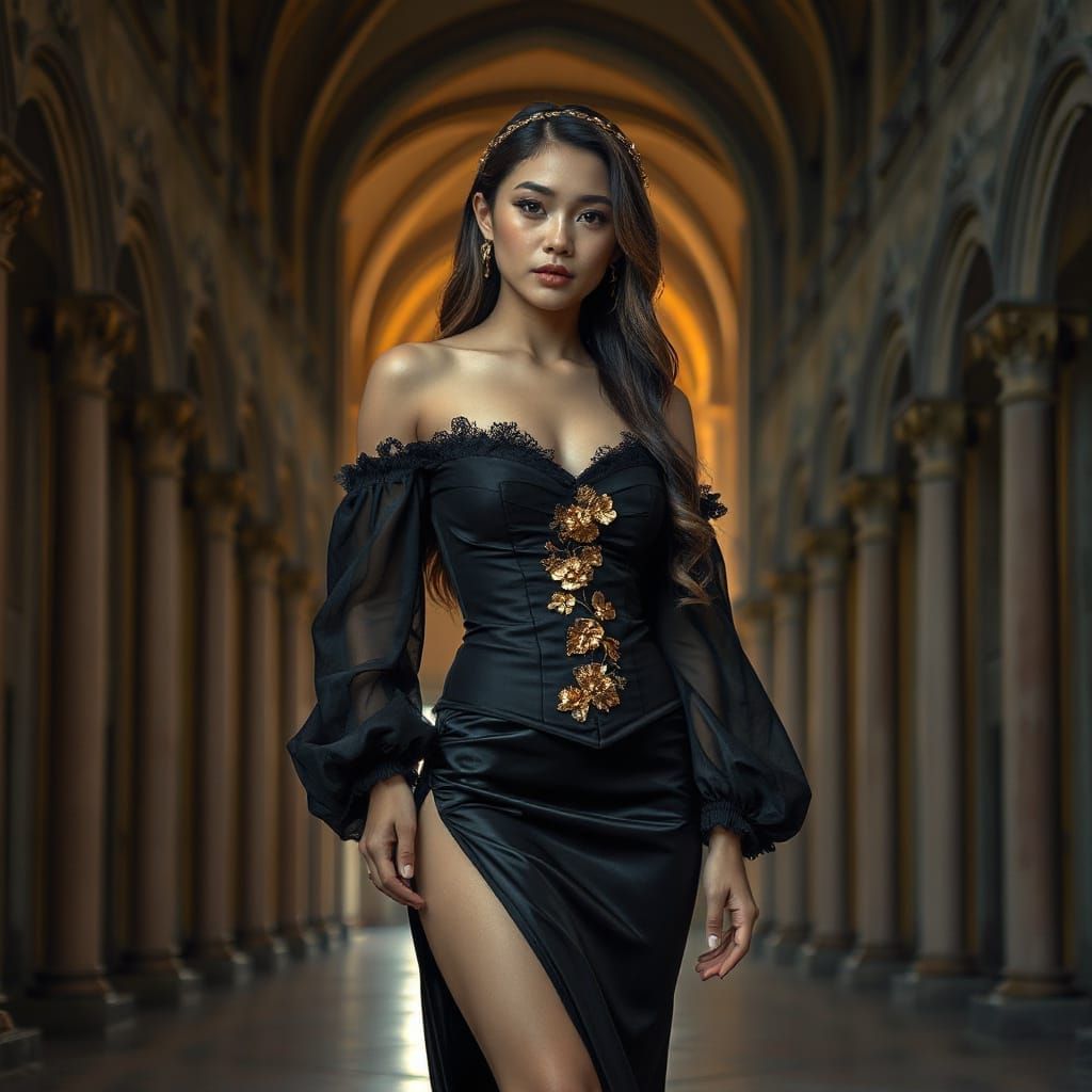 Filipina Woman in Gothic Cathedral Hall