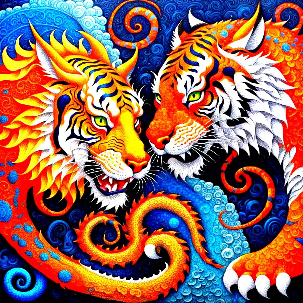 Pointillist Dragon and Tiger in Lush Color