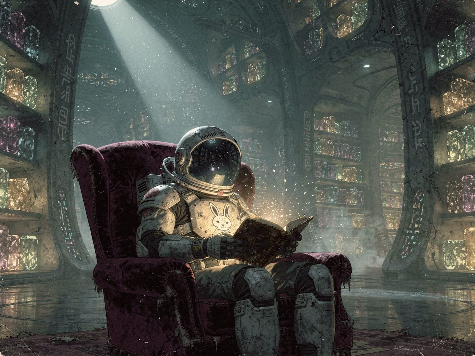 Astronaut Reads Crystal Book in Alien Library