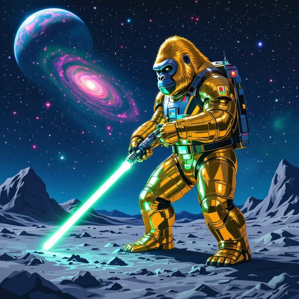 Golden Gorilla Astronaut with Lightsaber on the Moon