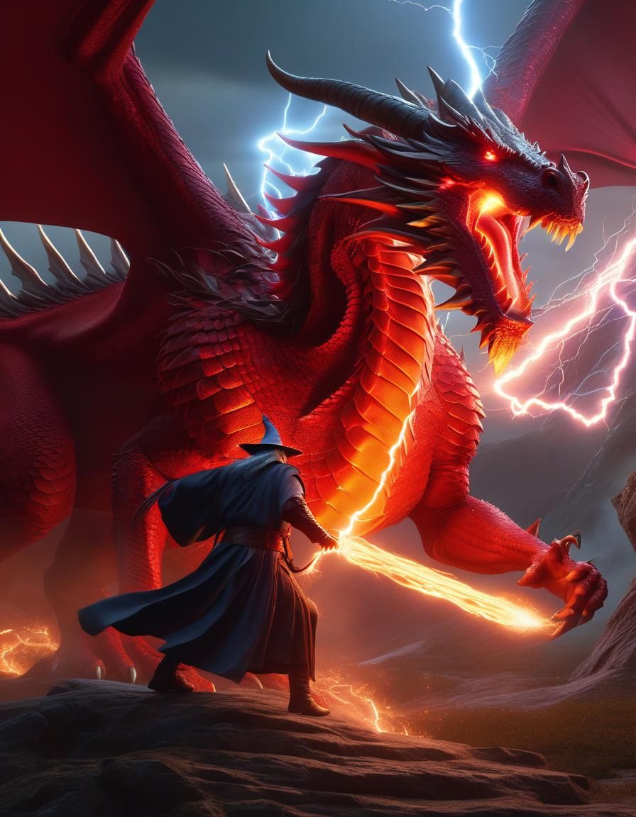 Wizard and Dragon Lightning Strike, Fantasy Art