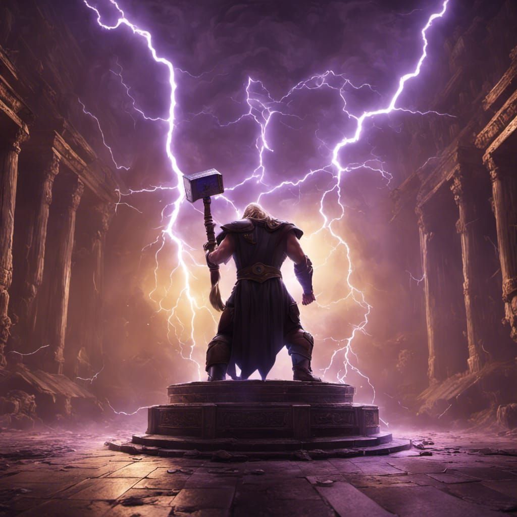 Thor, Lightning, and Mjolnir in Dark Fantasy Art