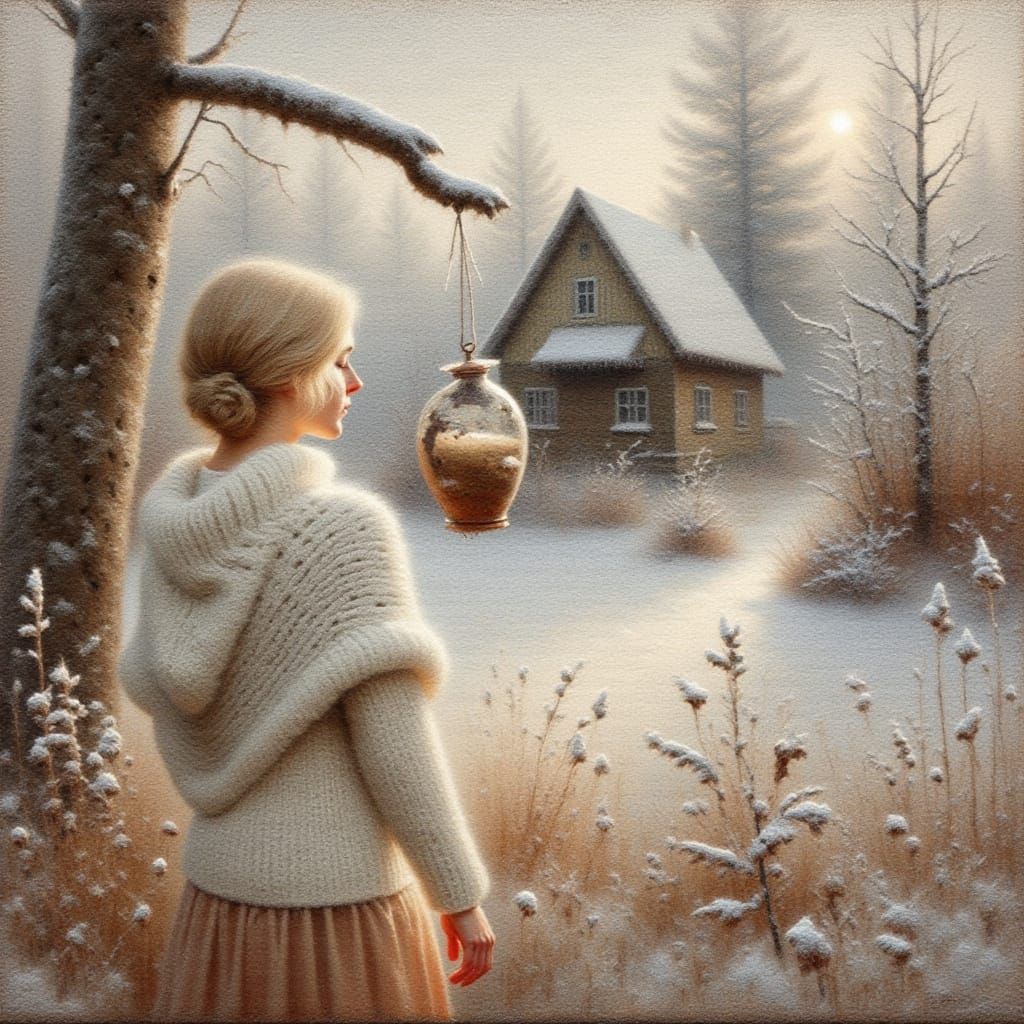 Girl by Forester's House with Bullfinch Feeder in Early Wint...