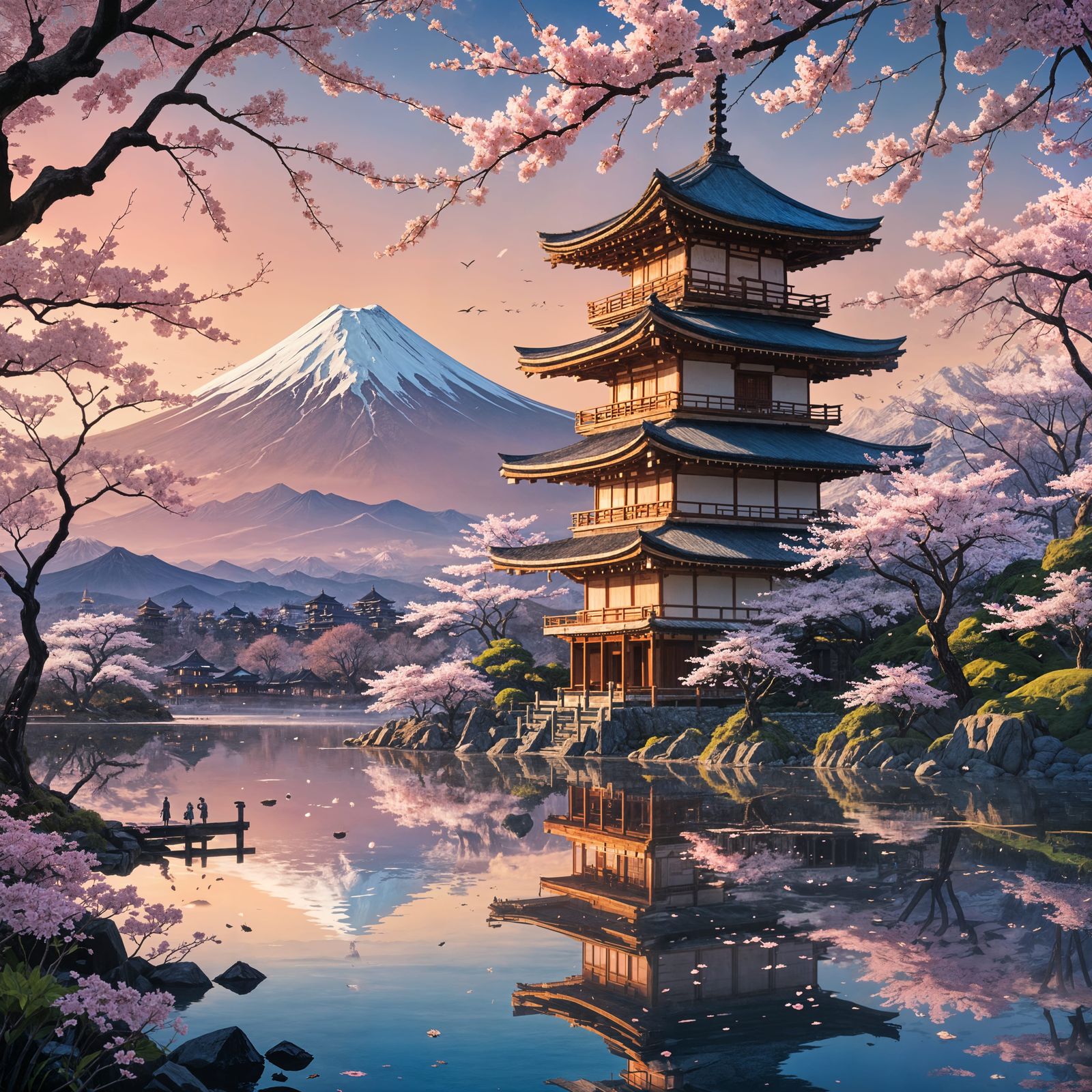 Mount Fuji Cherry Blossom Temple Matte Painting