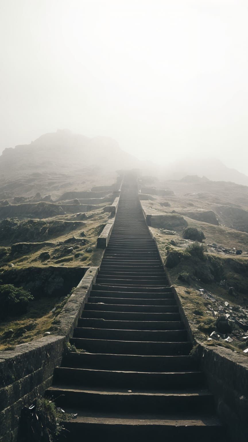 Surreal Stairway to Nowhere in Foggy Landscape