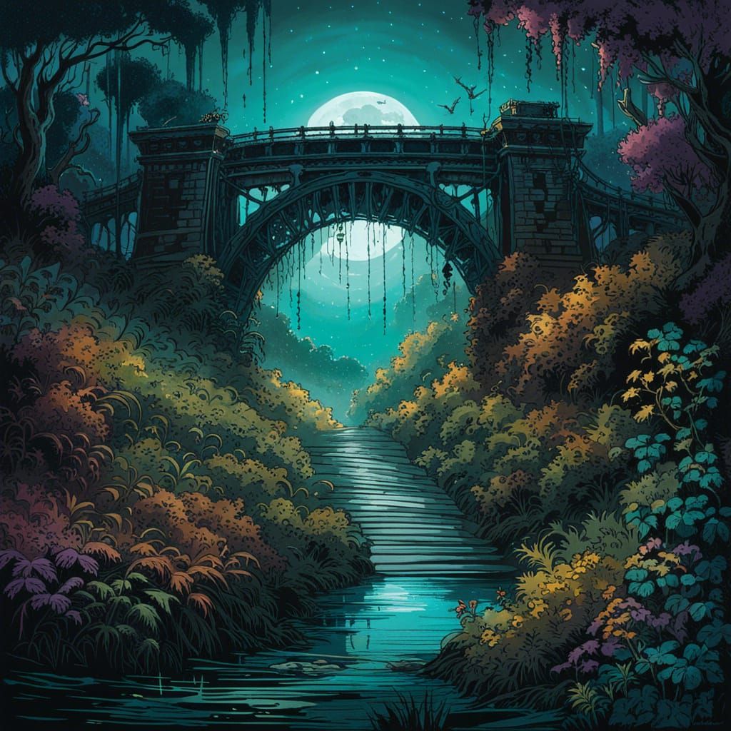Ruined Chain Bridge in Fog, Splash Art Style