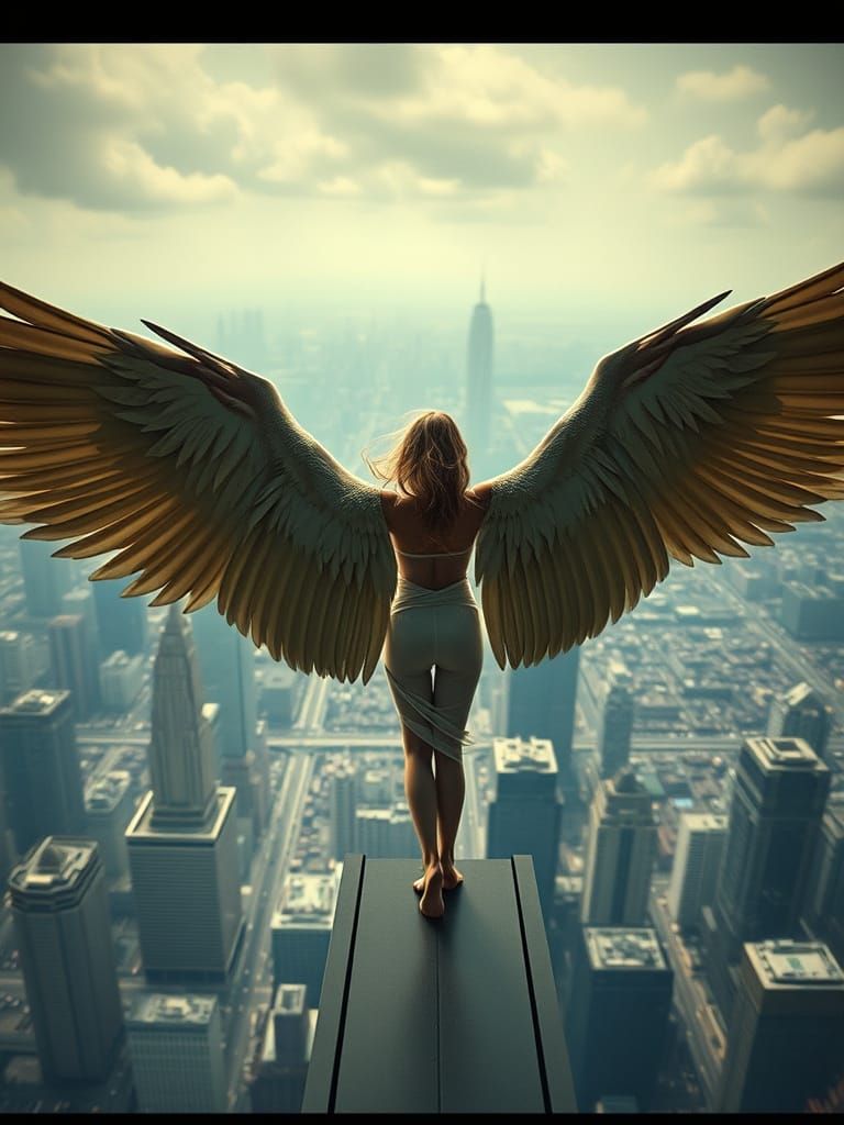 Ein engelsgleiches weibliches Wesen Barfuß mit Flügel auf einem hohen Wolkenkratzer