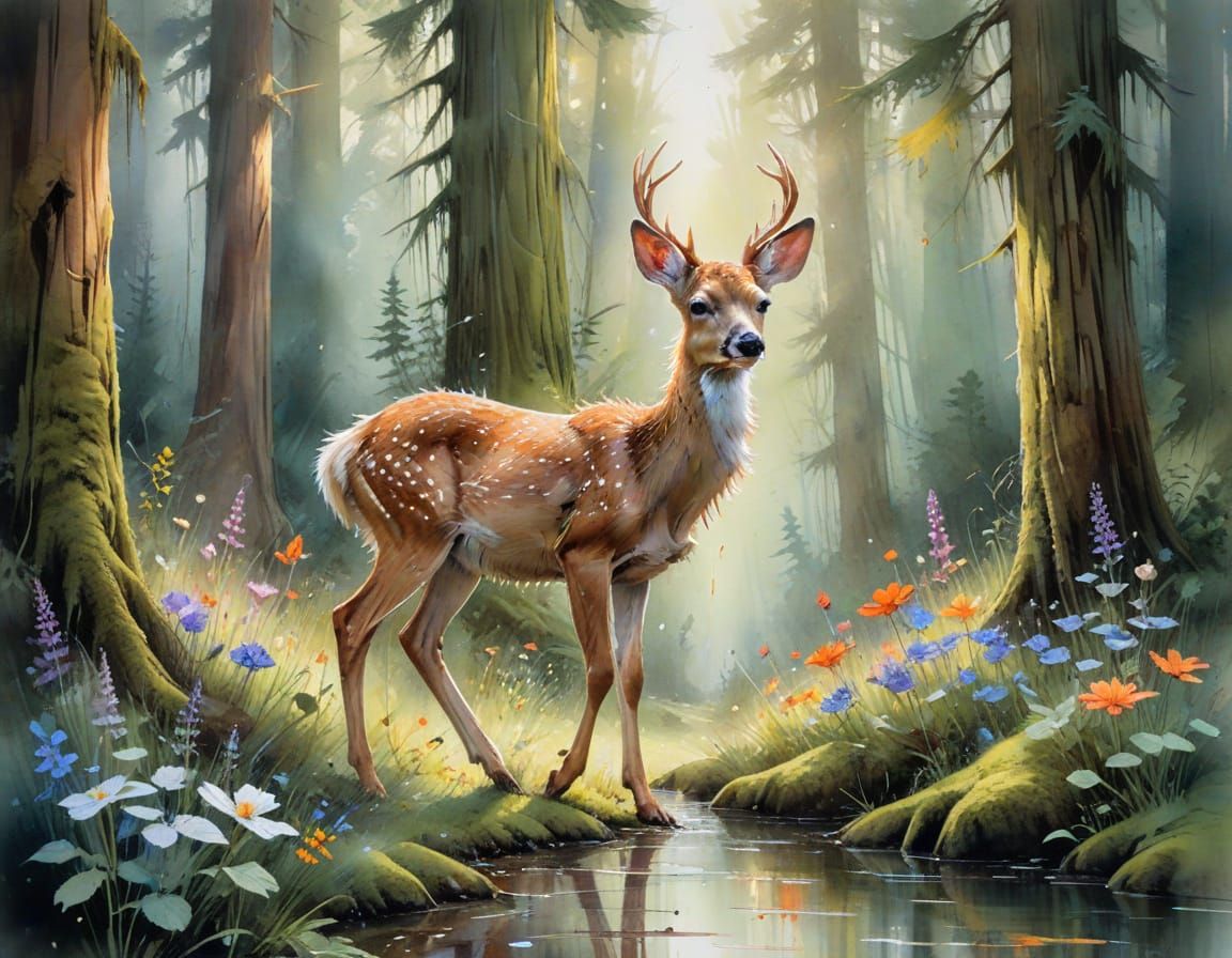 Fawn in Redwood Glade: Stylized Watercolor Painting