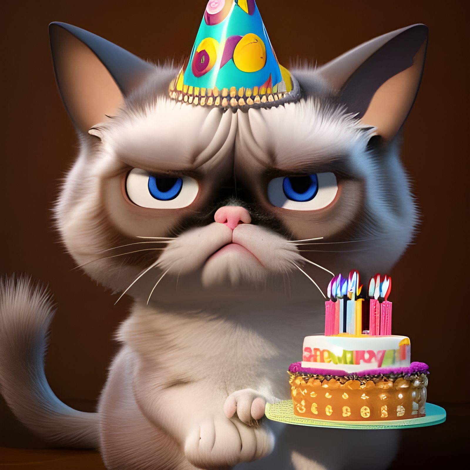 Grumpy Cat Birthday in Cartoon 3D Render
