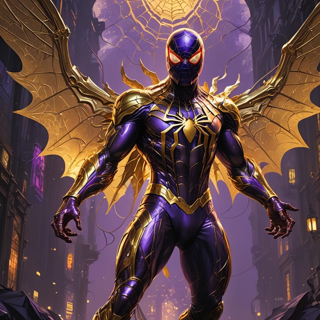 Golden Winged Spiderman Concept Art in Dark Fantasy Style