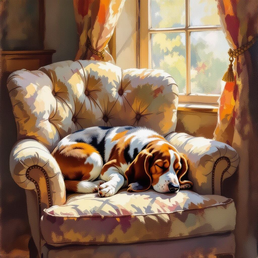 Basset Hound Napping in Cozy Study, Impressionistic Watercol...