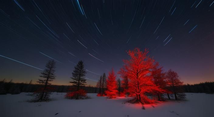 Crimson Forest Under Star Trails: Time-Lapse Astrophotograph...