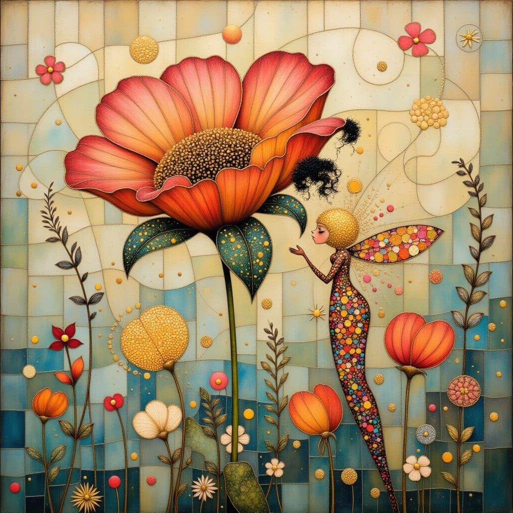 Fairy Smelling Flower in Whimsical Mosaic Design