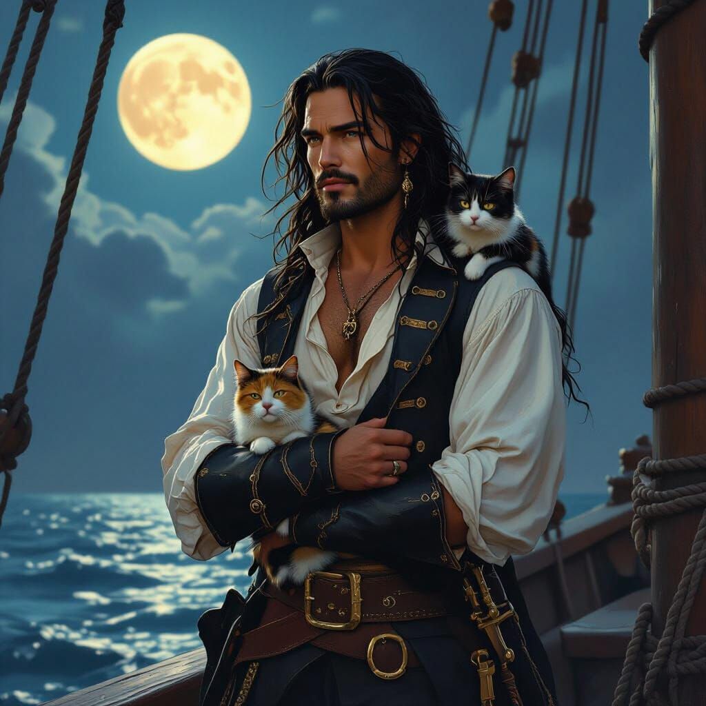 Pirate with Cats Gazing at Sea Under Moonlight
