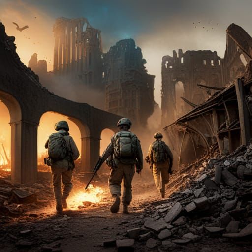 American Soldiers in Burning City Ruins