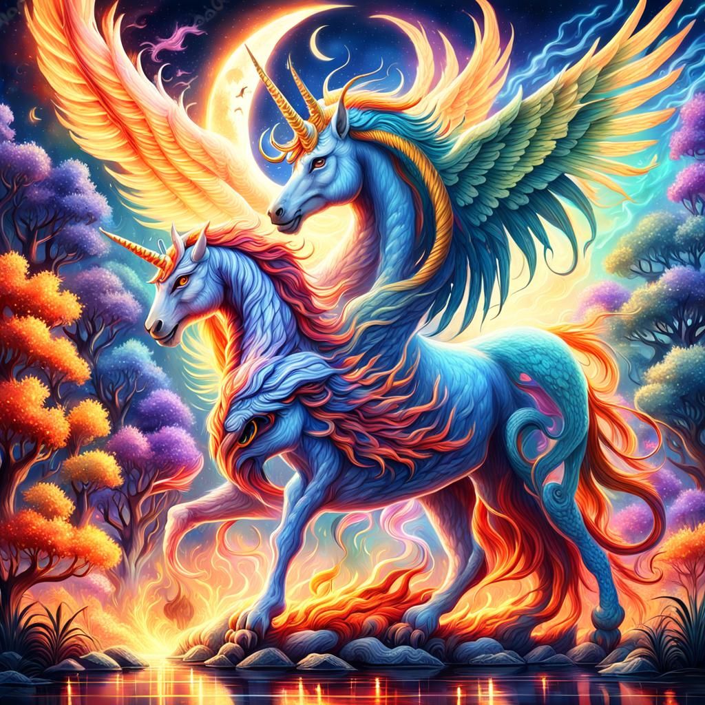 Majestic Phoenix Unicorn Chimera in Moonlit Park