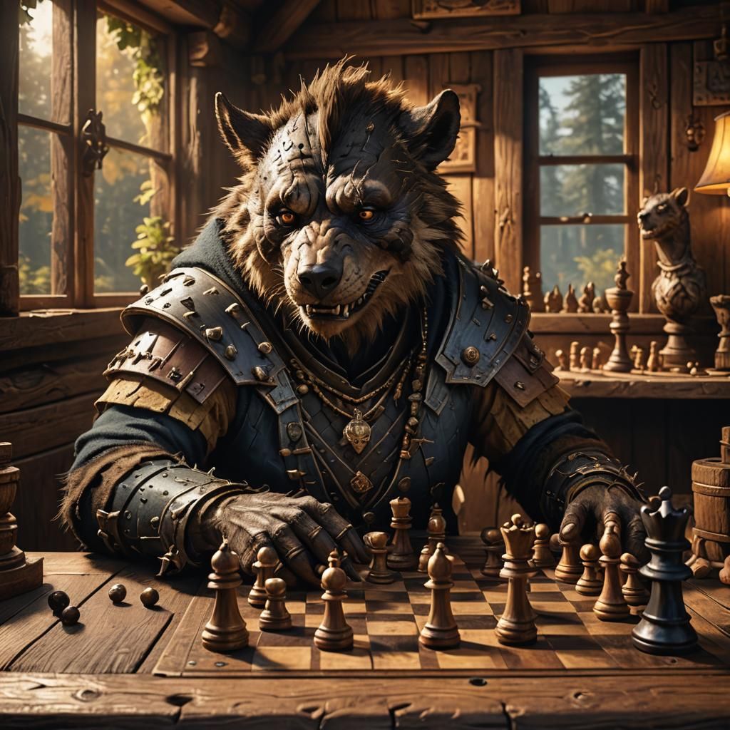 Gnoll Invites You to Chess: Hyperrealistic Digital Art